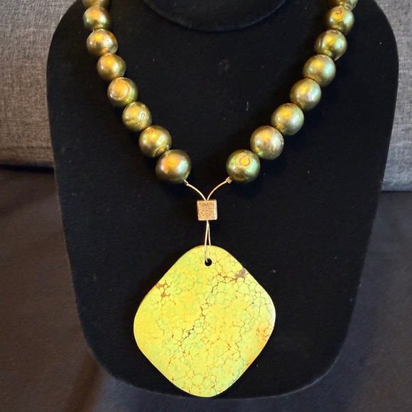 Artisan Necklace w/ Large Green Potato Pearls & HUGE Square Turquoise Pendant
